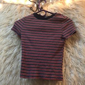 red, blue, and grey cropped short sleeve shirt